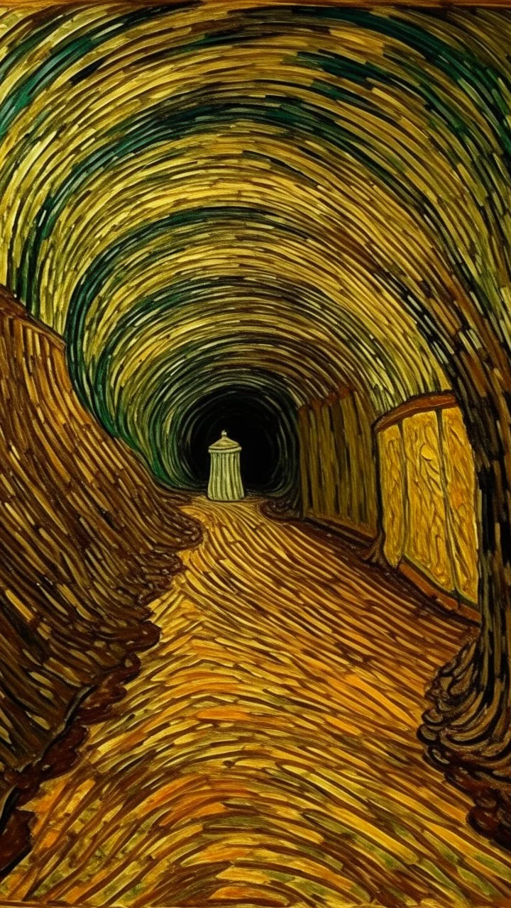 A tan underground tunnel with twists and turns painted by Vincent van Gogh