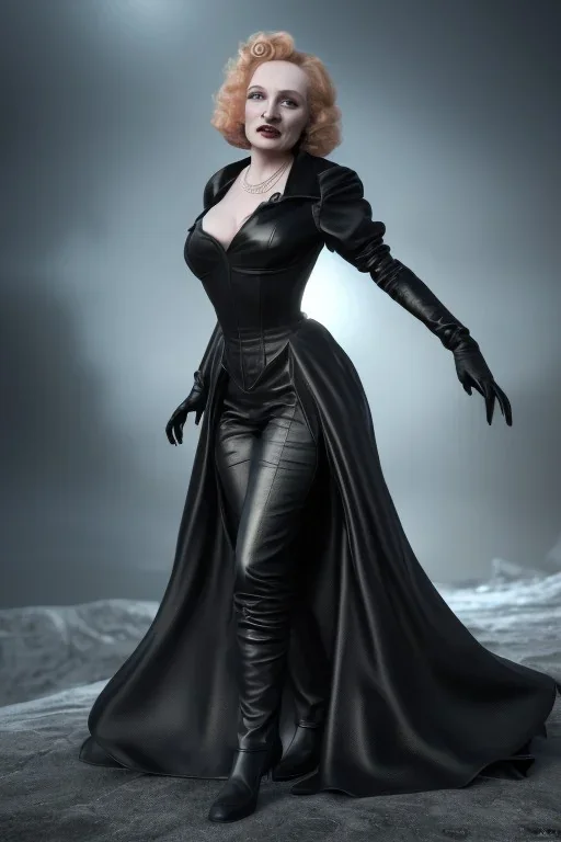 young Marlene Dietrich as evil queen in black leather gown, angry, busty, curvey, cleavage, unreal 5, octane render,cinema4d, dynamic lighting, dramatic lighting, 4k, redshift render, highly detailed, hyper realistic