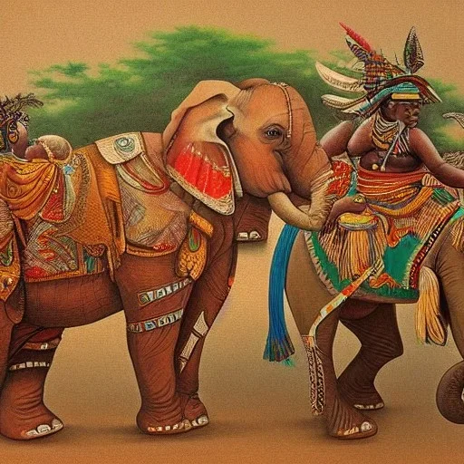 african tribal gods riding an indian elephant painting