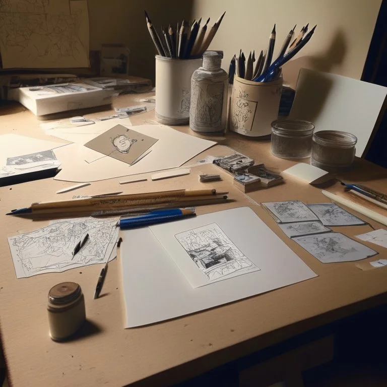 A photograph of a drawing table with cards on it and drawing tools