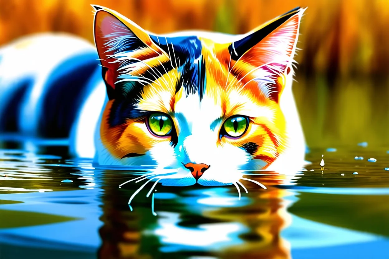 Golden ratio, ultra detailed watercolor painting, wet on wet painting, soft edges beautiful (((Masterpiece))) Create an image of a calico cat partially submerged in water, with its face and upper neck visible just above the surface. The cat has distinct patches of orange, black, and white fur, giving it a vibrant and colorful appearance. Its eyes are large and expressive, with a bright green hue that reflects the light filtering through the water. The background is a rich und
