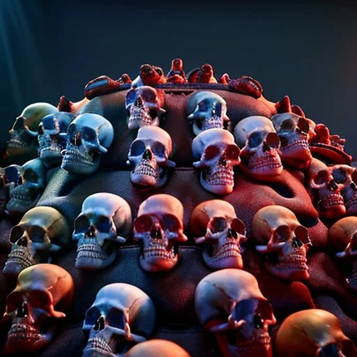 a picture of a dark, comedic, anatomically correct wall of colorful tightly packed stacked skulls of varying sizes and expressions, photo realistic, insanely meticulous, highly detailed, part of a collection of bones on display, 64k, dystopian, vray