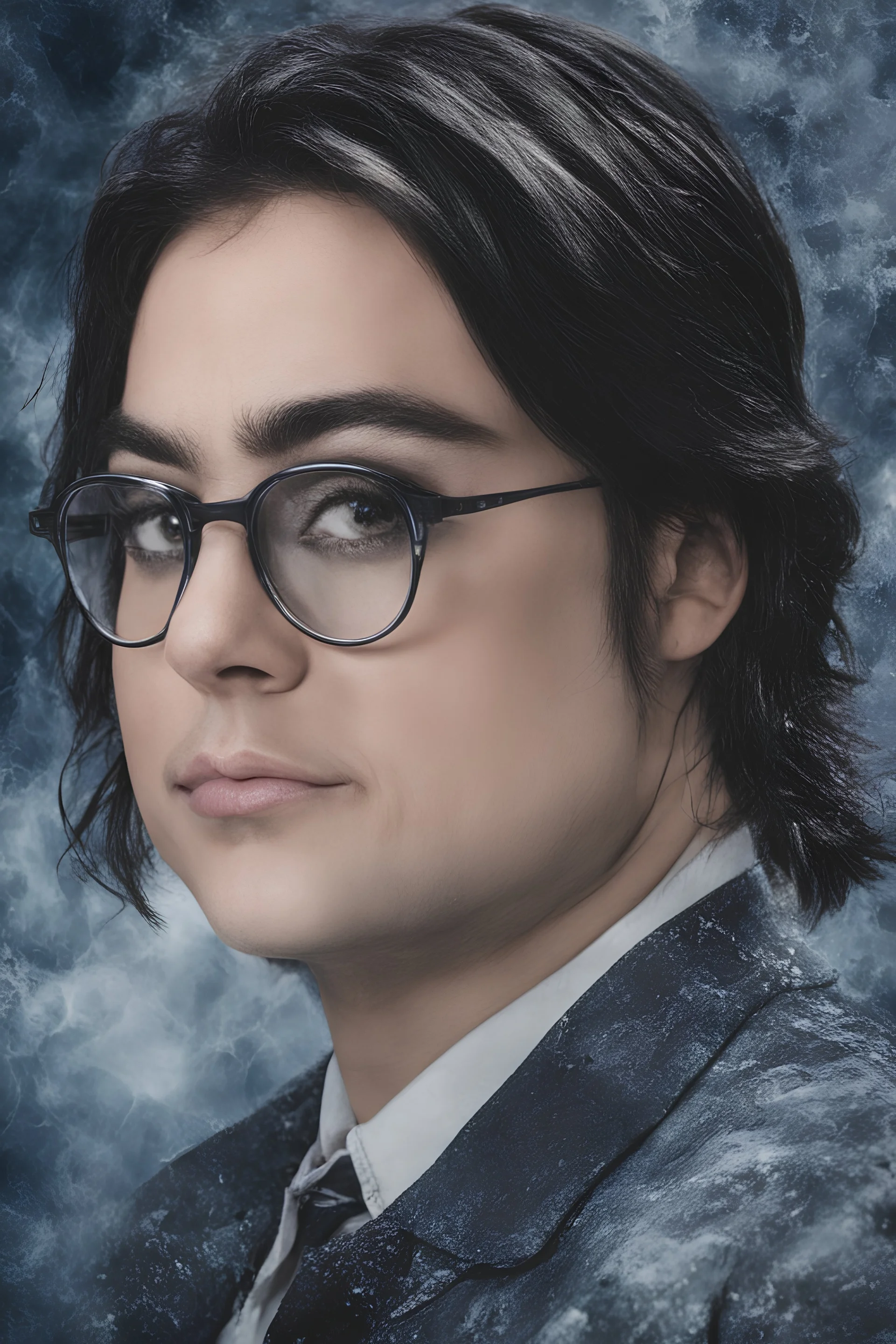 cross-eyed Lucy Hale Paul Stanley hybrid, , 4k UHD, photorealistic, ((big, full, plump, pouty lips:1.5)) black hair, big cat-eye eyeglasses, dark blue foggy gradated marble wall background