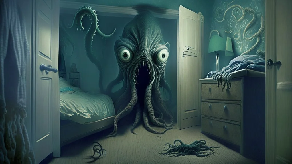 a lovecraftian alien overlord emerges from a child's bedroom closet