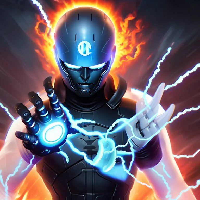 A commander wearing a matte black helmet with flaming eyes with flaming light blue pupils Two infinity gauntlets contain six infinity stones, one of which is made with nano In the hands of a powerful man walking