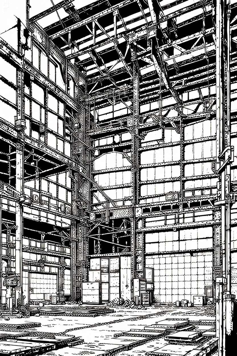 Abandoned industrial warehouses, line arts, manga style