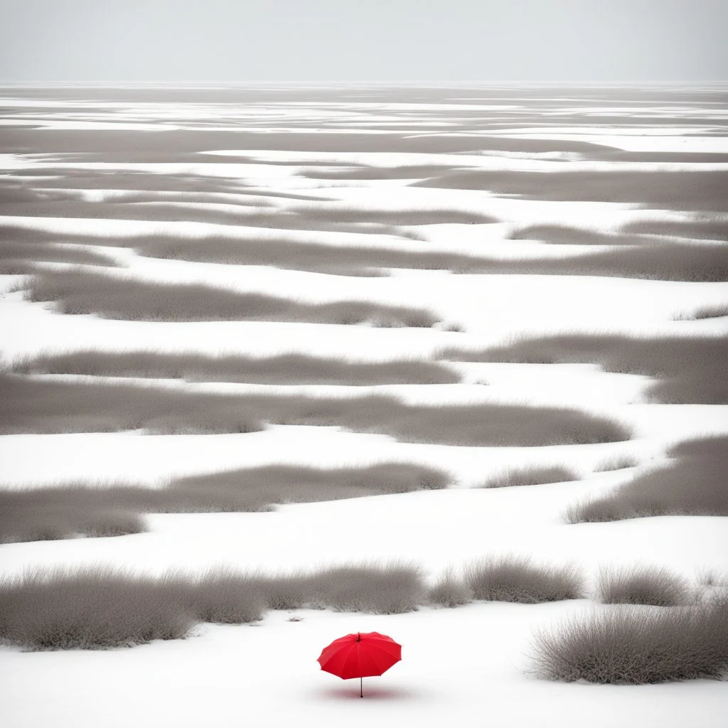 A captivating hyper minimalist photograph of a barren snow-covered field on a grey day. Concept art, The overall color palette is muted. In the distance there is a single red beach umbrella in ground. The field stretches out in a long view creating a sense of isolation and desolation.