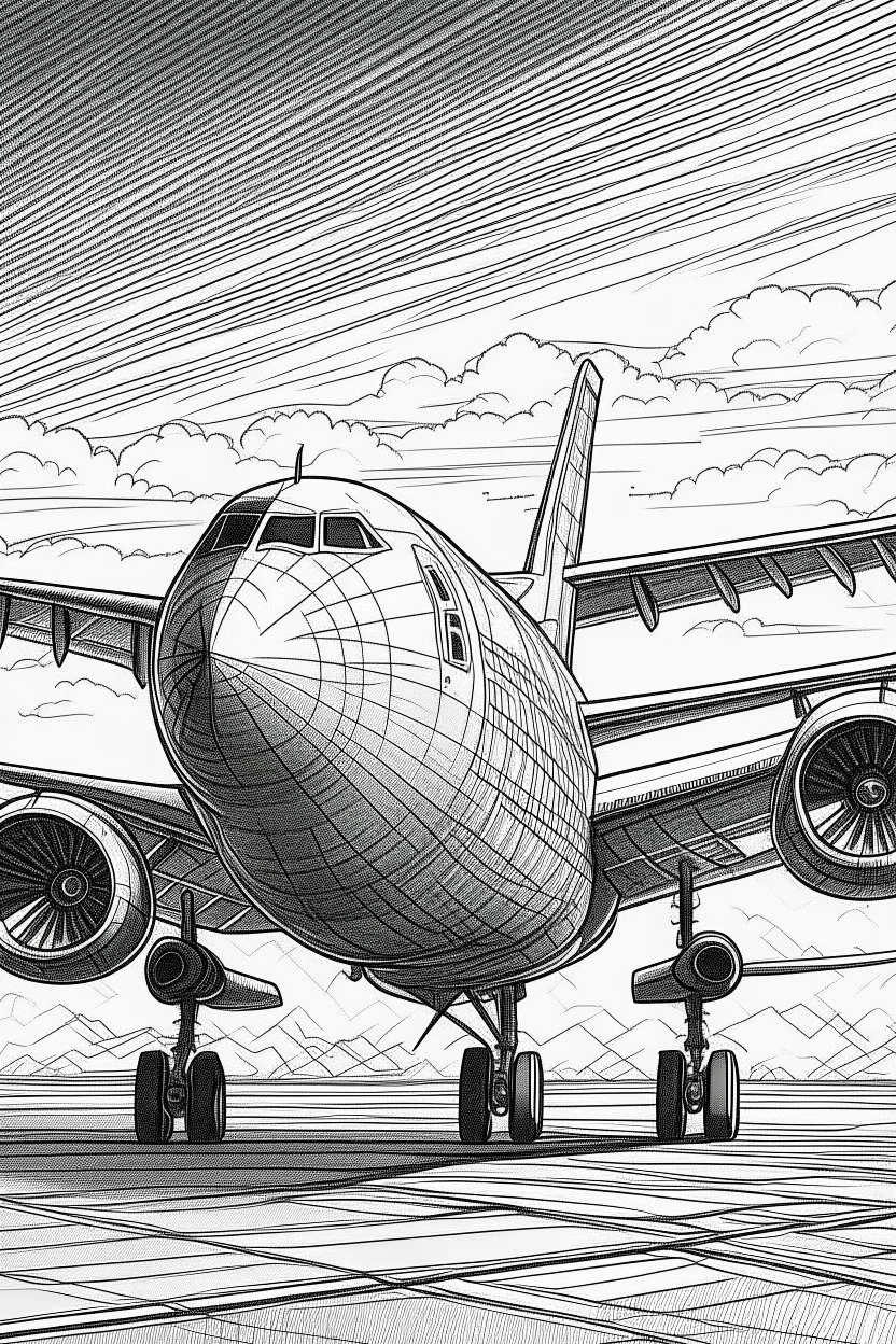 Outline art, no shading, aeroplane on the ground, black and white, no shading, ow detail, --ar 9:11