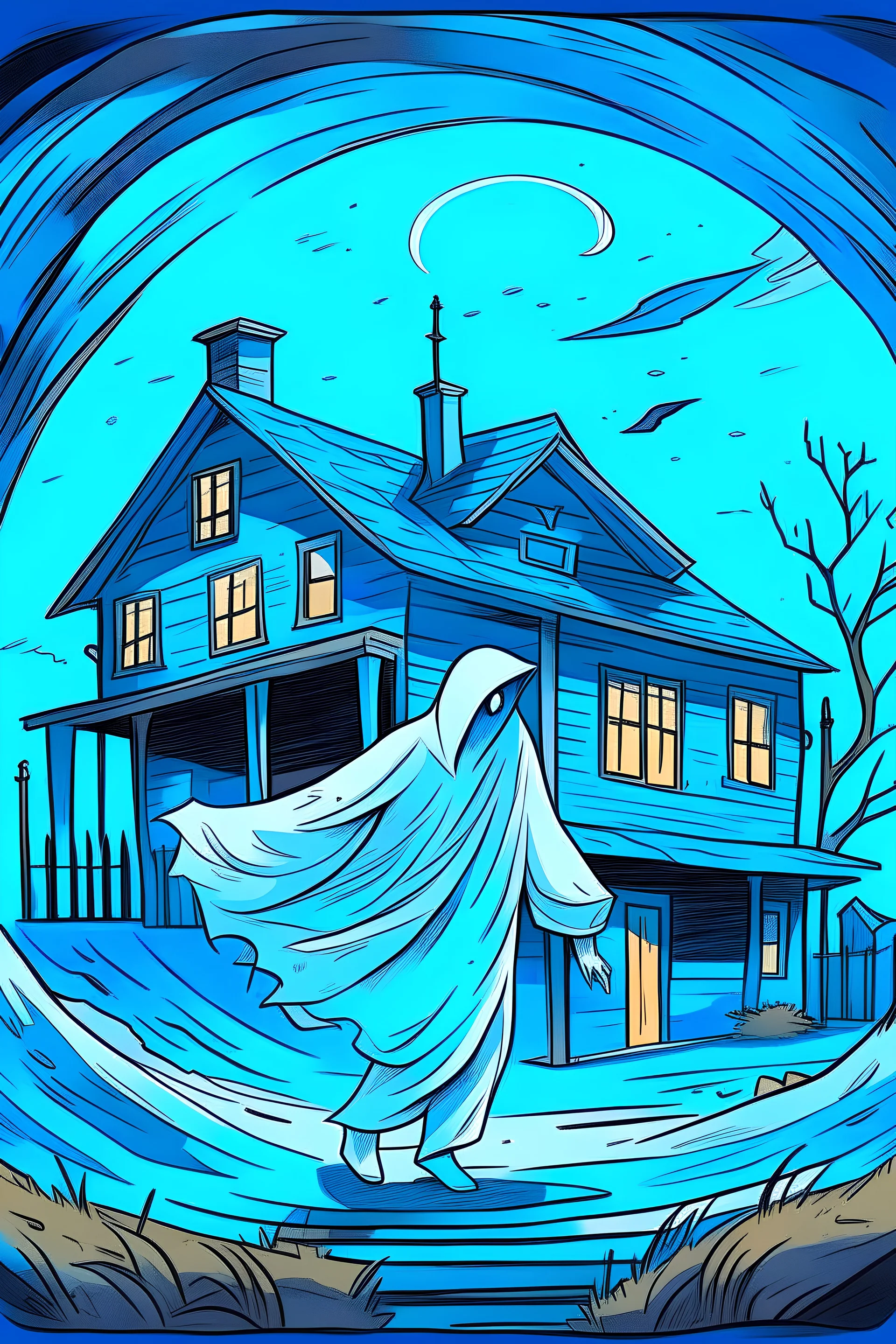 A white-pale ghost leaving a house forever. Nighttime, moonlit, cold colors