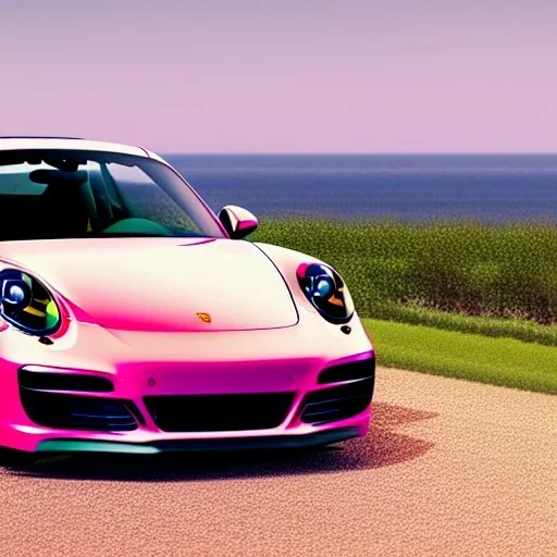 concept, art, high quality, sport car, porshe 911, 911, porshe on the nature, porshe pink color,landscape background, sunny, ultra high quality, realistic, cinematic, good weather, green nature