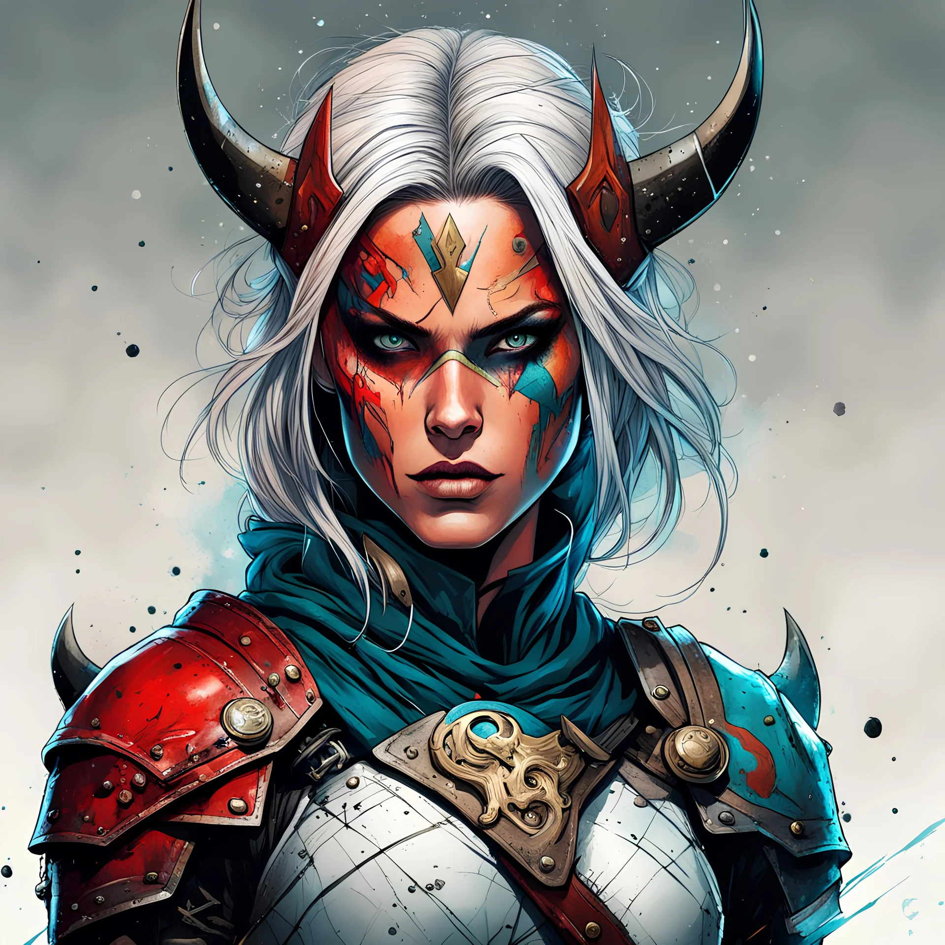 highly detailed, character concept illustration of a female Nordic rogue warrior , maximalist, sharp focus, highest resolution, in the styles of , Alex Pardee, and Bill Sienkiewicz, 8k, coarse, gritty textures