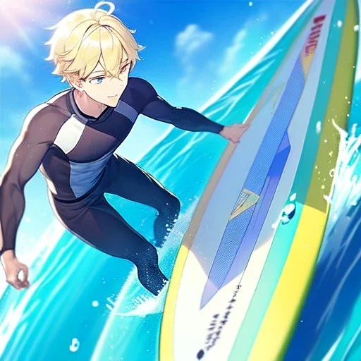 ONE anime blonde boy on a surfboard, riding the perfect wave