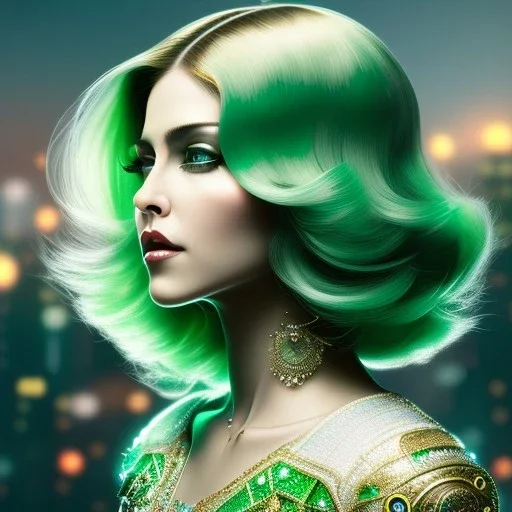 madonna, Cyborg warrior, light green hair, pixie hairstyle, cobalt eyes, waist up portrait, 8k resolution, intricate details, ornate details, soft lighting, vibrant colors, masterpiece, intricate eyeliner, dark eyeshadow, eyes, intricate tattoos, futuristic cityscape background