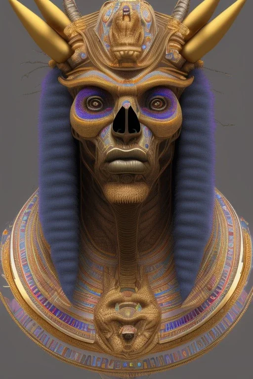 Aztec male African Egyptian alien, cracks in the voodoo head, wicked, eyes, crown, Elephant, 8k, finely detailed, photo realistic, tiger turquoise skull head gold dragon space alien snow skeleton gold hornytoad silver crown silver eyes