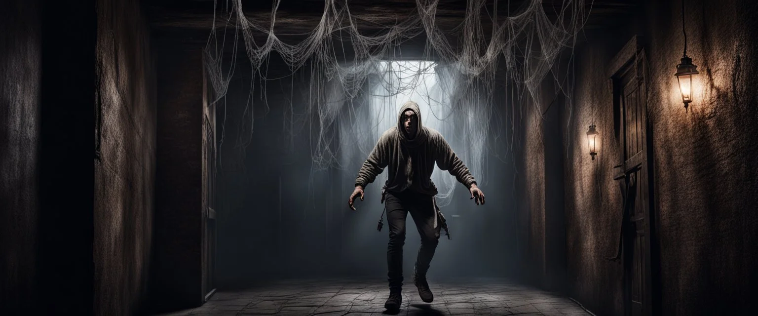 Hyper Realistic hostage man hanging on roof between dark hallway of a dungeon with cobwebs & dark rustic walls at night