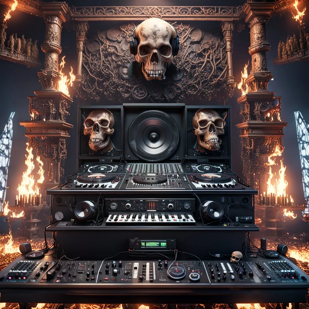 DJ of the damnded, insanely detailed DJ booth in hell, MID set, speakers and equipment made of bone, anatomically correct, add more skulls in th audience, photorealism, vray, 8k 3d https://stablecog.com/generate?o=a67b60e0-edd2-418d-9744-d1d585055d7fv https://stablecog.com/generate?o=93026b00-ac6b-436a-bc57-6aa04073d4a9