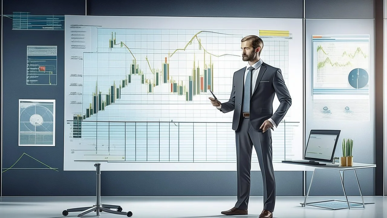 The image represents the success and prosperity of businesses and investments in 2024. It features a confident businessman standing with paper charts and a large screen displaying financial data and profitable projects. The image reflects a promising future vision for business and investment in the coming year, where successful projects can achieve significant financial success.
