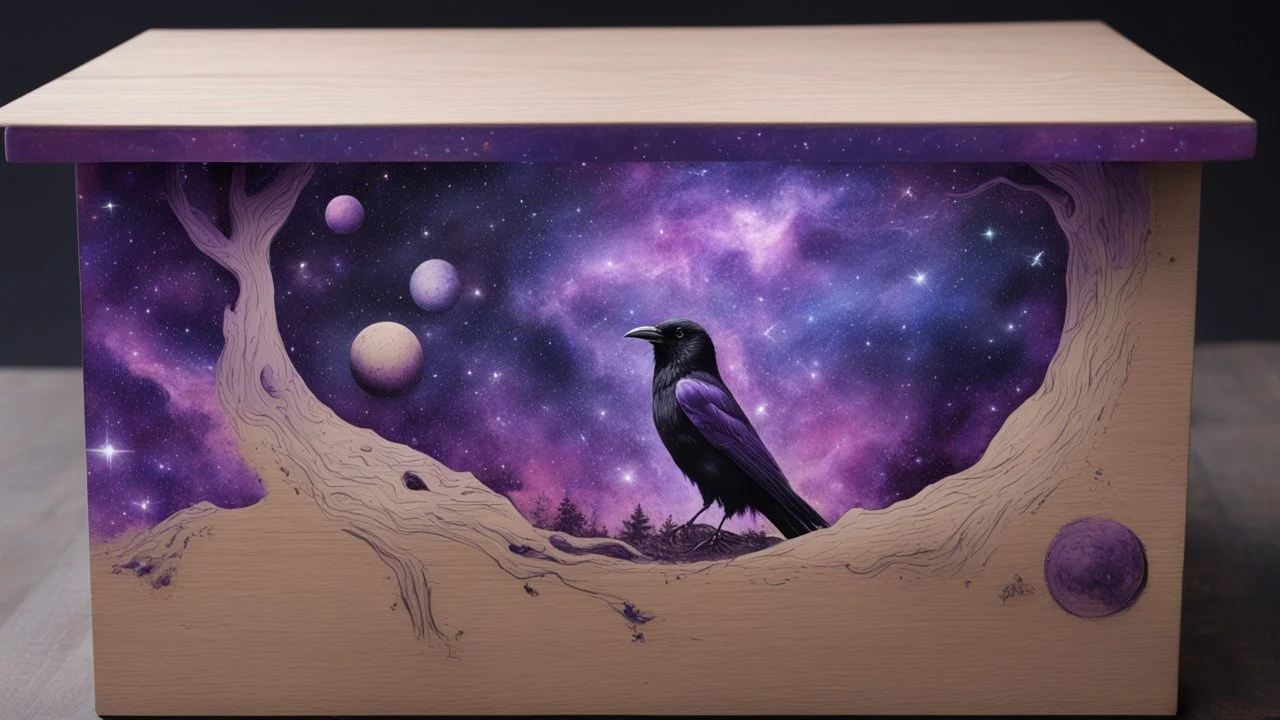 a box 10 cm long by 5 cm wide and 25 cm high, drawn on a box on all sides, space, tress, planets, crow galaxies a lot of colours purple, very realistic