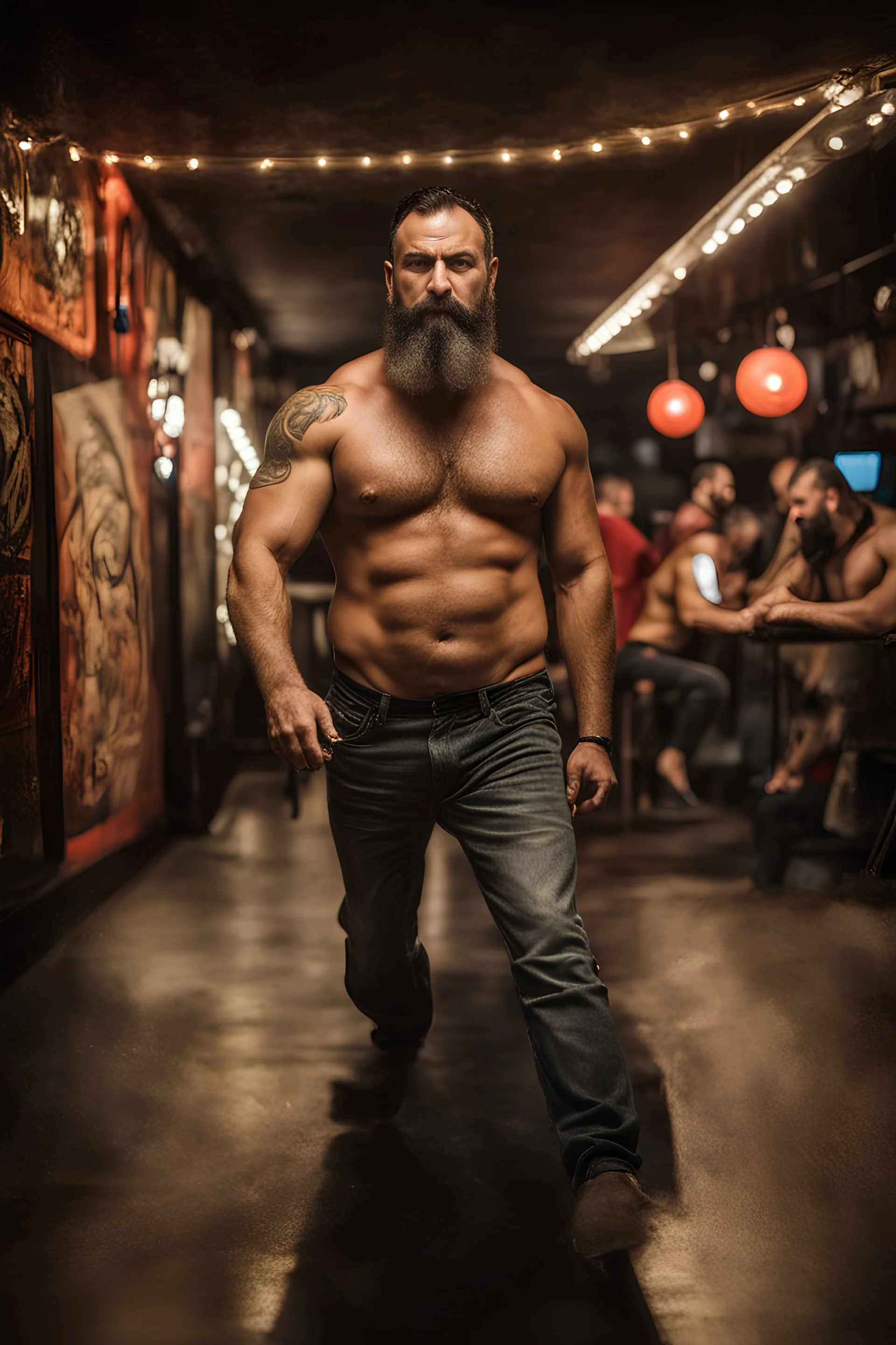 full figure photography of a burly trucker muscular strong 42-year-old turkish in a discoteque, serious, shirtless, short beard, dancing rock shirtless, manly chest, big shoulder, tribal tattoo, very hairy, side light, view from the ground