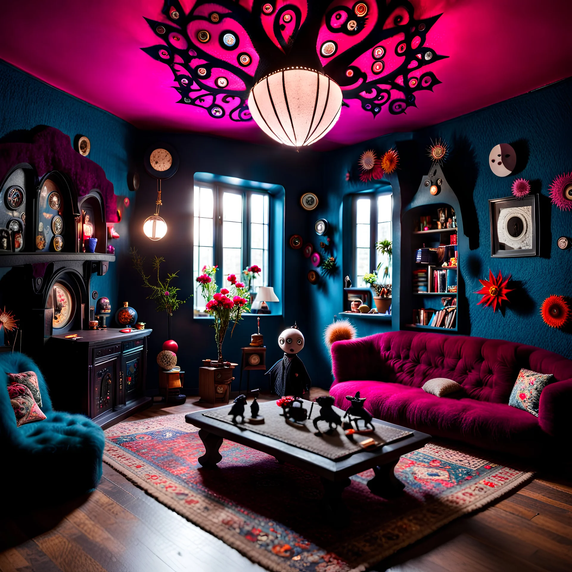 Detailed people, creepy living-room made of felt, naïve, vintage toys, sun, vsuuy, splimapys, volumetric light, flowers, naïve, Tim Burton, strong texture, orero dream, extreme detail, Max Ernst, decal, rich moody colors, sparkles, Harry Potter