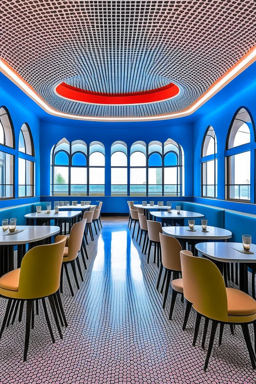 A restaurant with the outer shape of the walls in blue and a white floor. It contains one table in the middle of the restaurant, and the walls are oval in shape, containing 30 chairs.