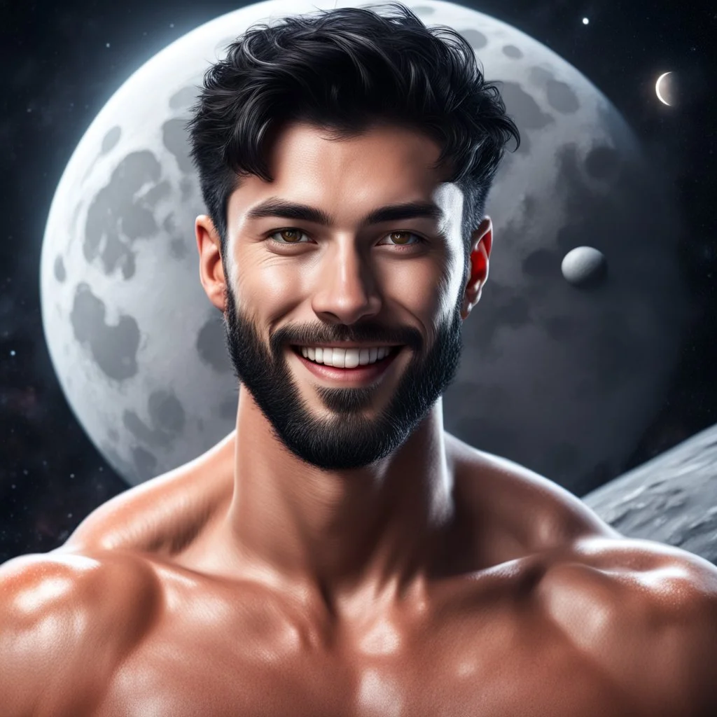 Hyper Realistic Shirtless Muscular Young Handsome man with beard & short black hair & red eyes on moon smiling in outer space