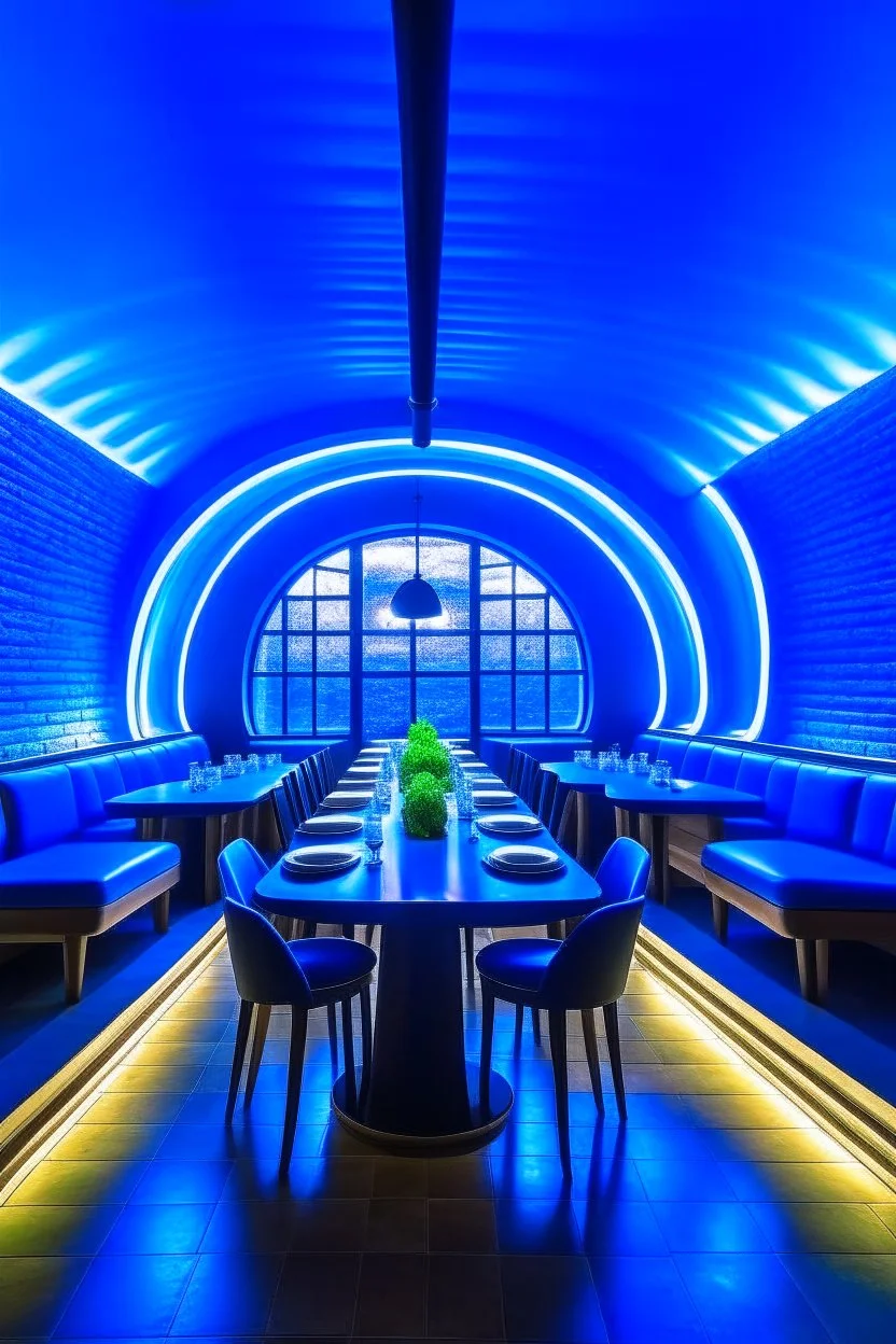 A restaurant whose outer walls are oval in shape, the color of the inside is blue, and its floor is light, with one large table in the middle of the restaurant in the shape of an oval, the length of which is 6 meters.