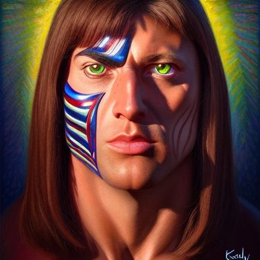 ultra detailed fullbody portrait in oil of Bullseye, extremely detailed digital painting, extremely detailed face,crystal clear eyes, in the style of Ken Kelley robert e howard and pablo oliveira and Keith Parkinson , mystical colors, perfectly centered image, perfect composition, rim light, beautiful lighting,8k, stunning scene, raytracing