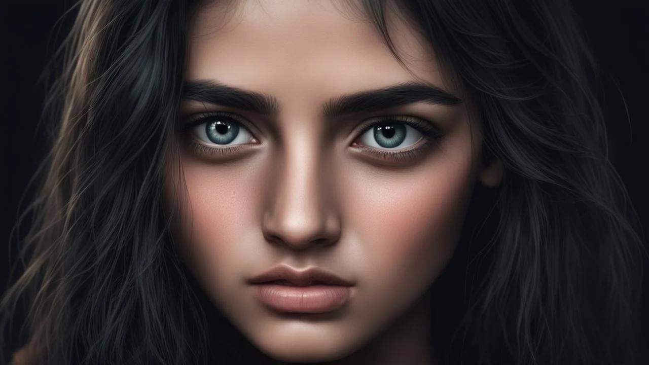 Hyper Realistic closeup-face-view of a Sad-Young-Beautiful-Pashto-Woman-with-beautiful-eyes-with-tears-&-long-black-hair at dark night