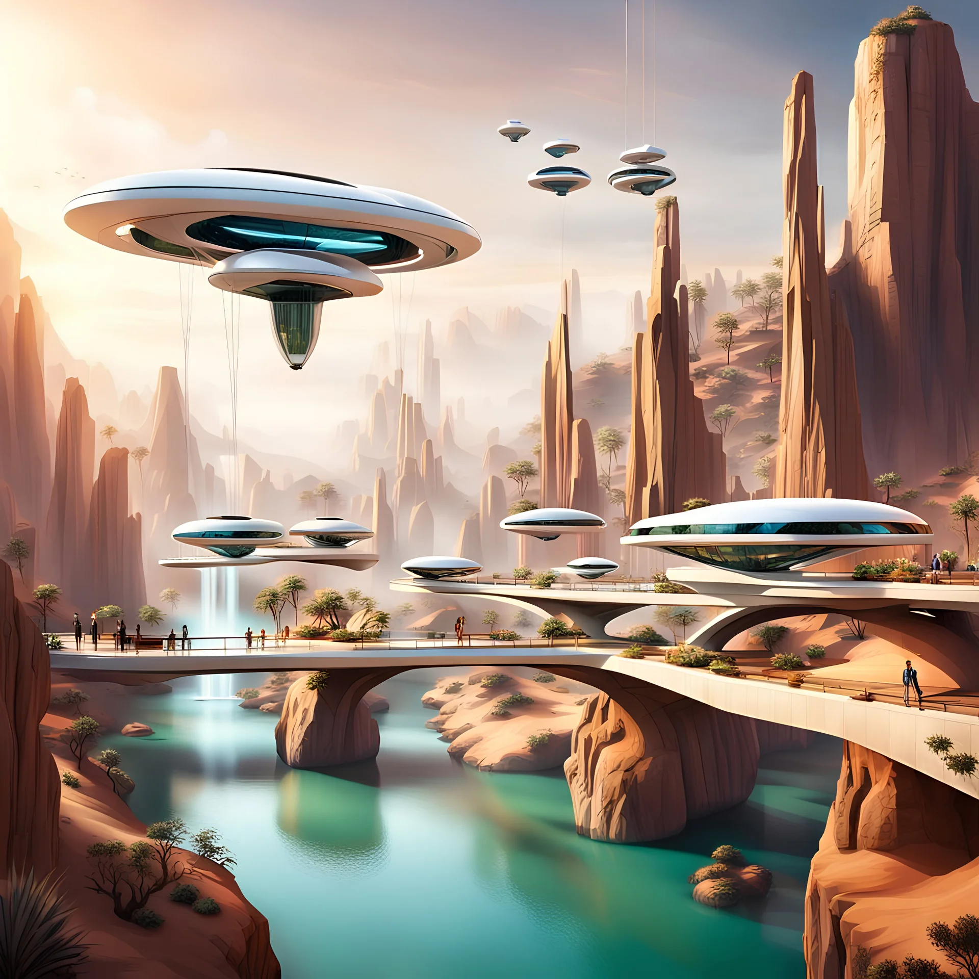 In this futuristic scene, houses are perched on levitating stones, interconnected by suspended bridges. The ethereal setting combines the architectural charm of floating homes with the structural elegance of hanging bridges, creating a harmonious blend of innovation and fantasy. Including Watherfalls. The Scene are in the desert