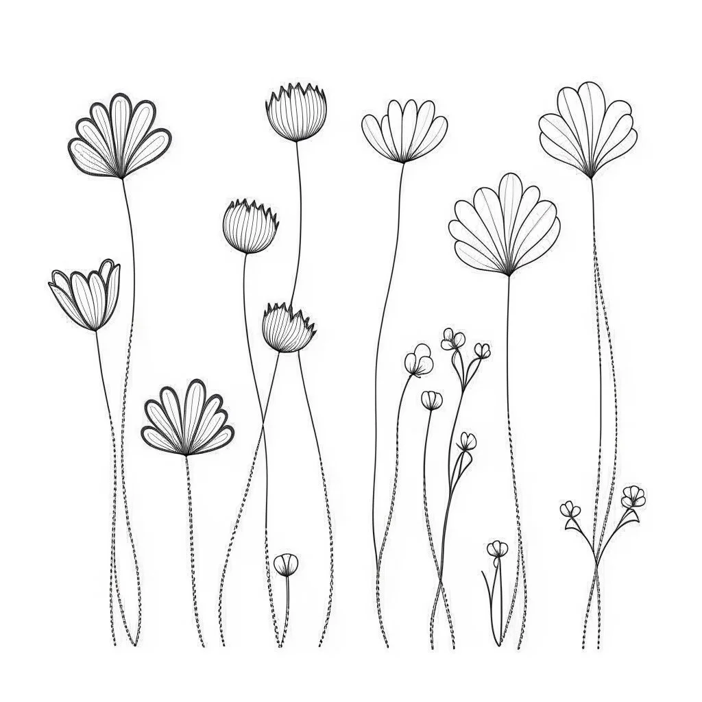 set of grow wind flower on the grace, SIMPLE ONE lineS art, white background, minimalis, different view, only white bakcground solid.