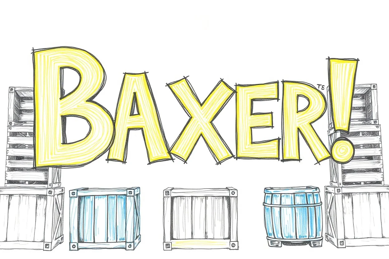 a drawing with sketch lead pencil, The word "BAXER" in yellow floating like a big sign, strong painting, strong expression, BAXER!, BAXER! the word Baxer, WOODEN CRATES AND BLUE BARRELS