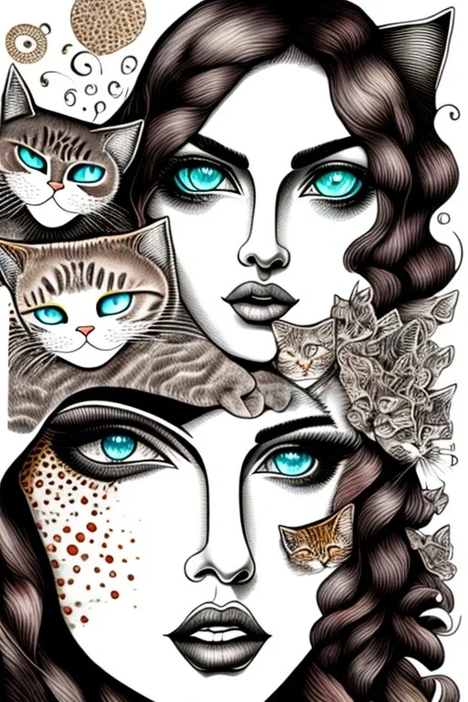 Cute friendly woman which is a cat, playing with cute cats, perfect eyes, perfect iris, ink and pencil, style Elisabeth Kreitz