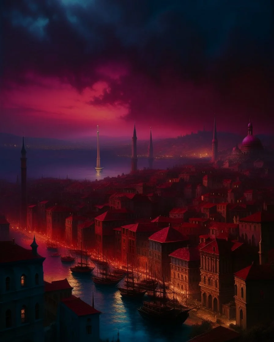 A dark reddish magenta city with chess piece shaped buildings at nighttime painted by Ivan Aivazovsky