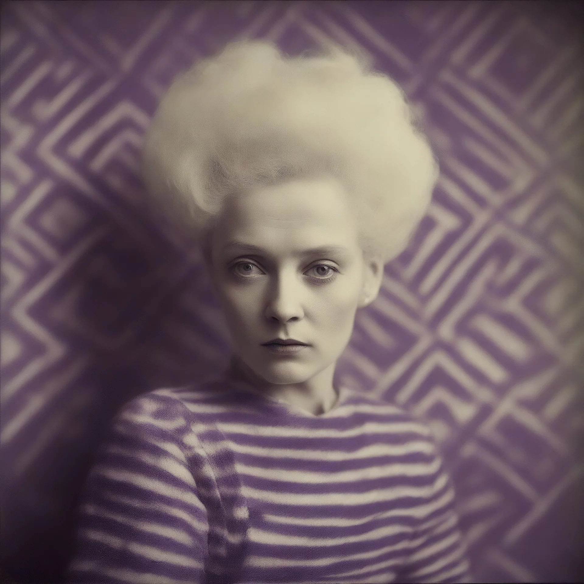Clotilde queen, purple fur, striped wallpaper, old autochrome