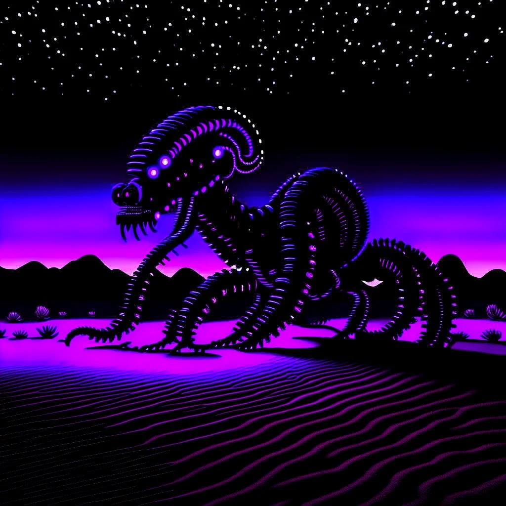 neon black and purple large and long worm-like robot with a 3D hexagon for a head in a dark monochrome desert