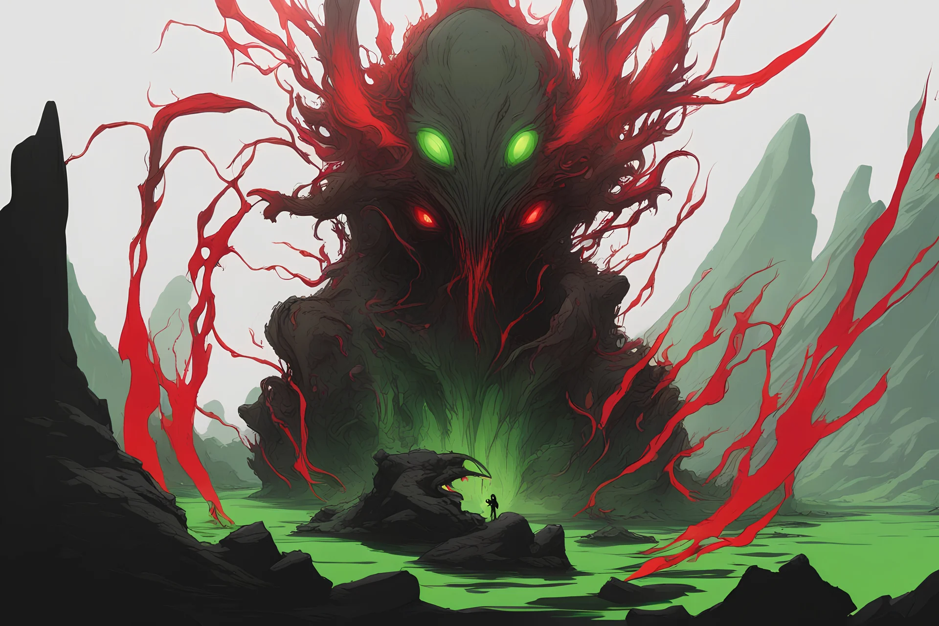 Visualise a crazy creature, something alien-like, with main color black, green, red. In a cave