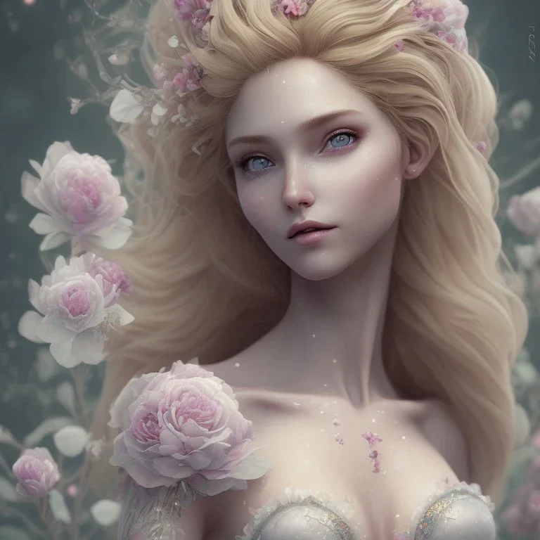 fairy style, head, women, portrai,long hair beautiful one nude body of a make up smiling woman blond long hair, alone, high key lighting, volumetric light high details with white stripes and blue eye, smiling with plump pink lips+++, flowers around, unreal engine petit prince belle fine, profil de trois quart, grand front cosmique, peau bleu cristalline, yeux bleu, perle sur le front long cheveux blond et rose etoilé, cristaux sur le corps, collier de grande princes