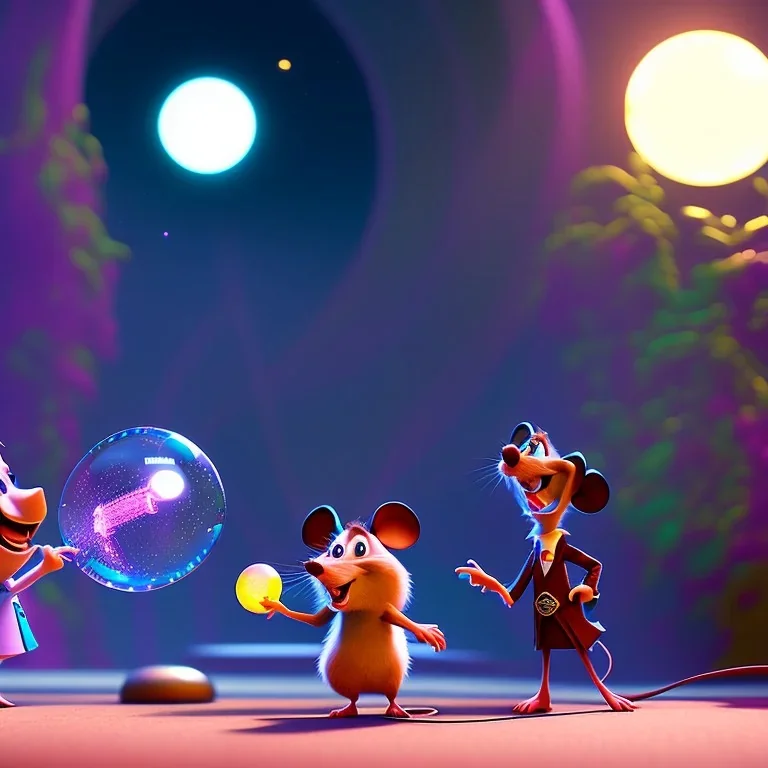 The mouse and the hangman discussing the future of the universe on bubble world, art by Pixar and Dreamworks