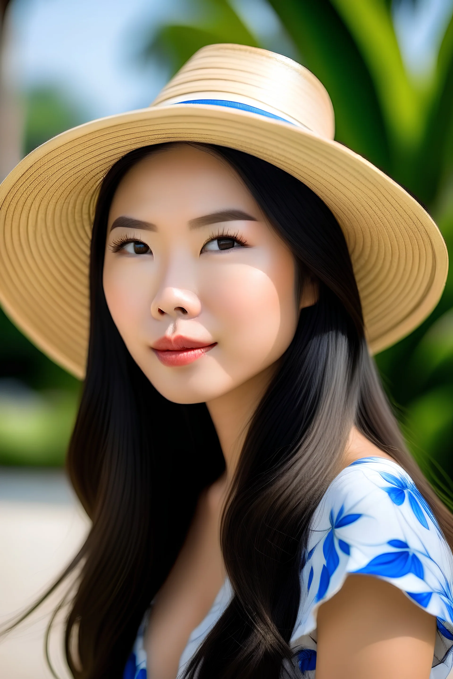 Beautiful Asian with straw hat in Miami Florida