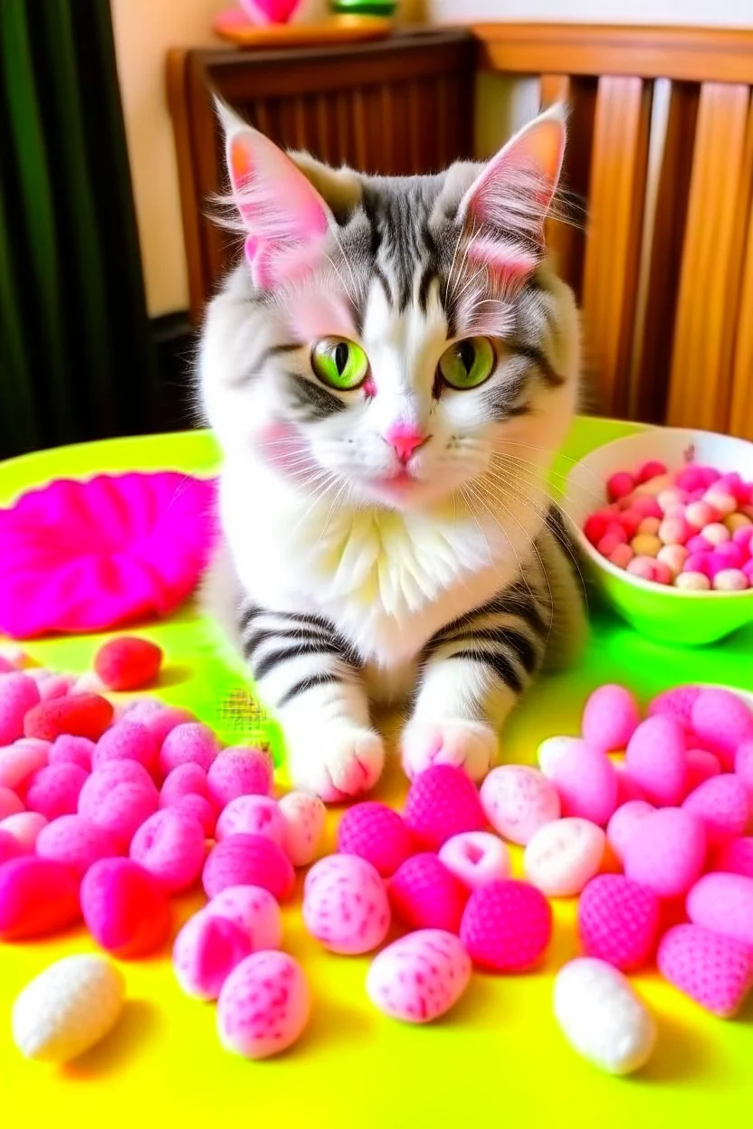 scene: Adorable,a cat eating food with a lot of food around her facts about them ◦ loves food ◦ lovely ◦ pink paws