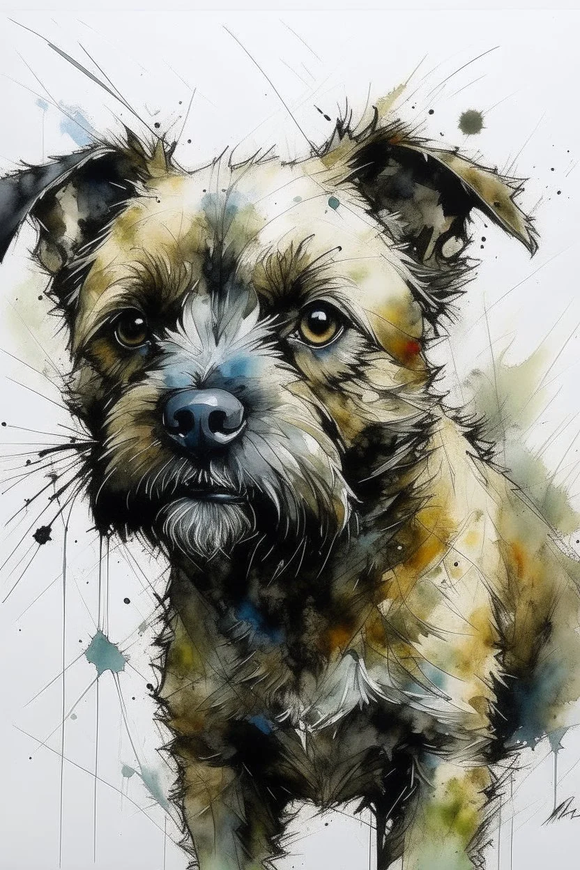 A minimalist portrait of a border terrier by Ryan Hewett , willem haenraets, watercolor, wet on wet and splattering techniques, centered, perfect composition, abstraction, surrealism