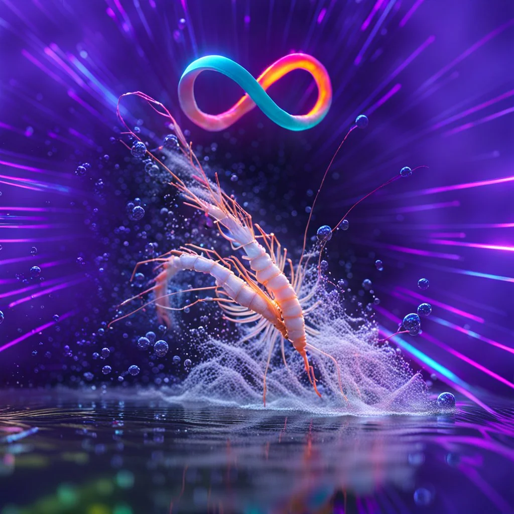 infinity symbol ∞ with vibrant powerful shrimp jumping out of the water, striking, neon, chiaroscuro, dramatic, captivating, powerful, fantasy, beautiful, octane render, 16k post-production, artstation: award-winning: atmospheric: commanding: fantastical: clarity: ultra quality: striking: brilliance: stunning colors: amazing depth; lens: f/11, 35mm