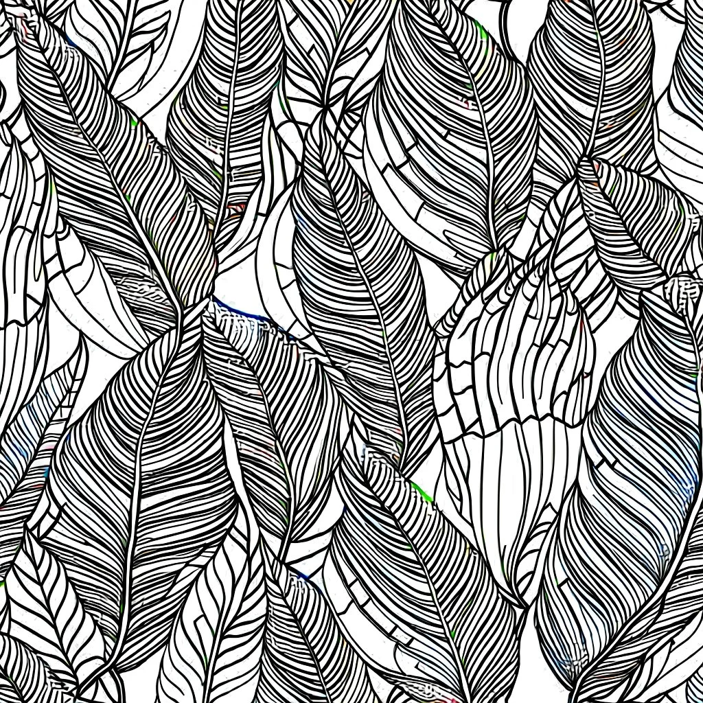 seamless banana leafs wallpaper pattern in vector lines, full page, black lines