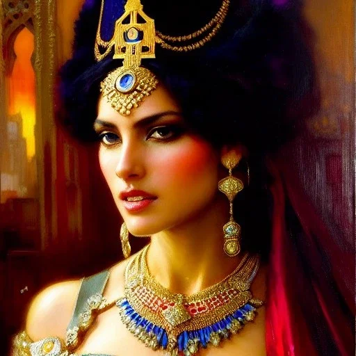 portrait beautiful face queen of Sheba ,busty,medieval metal armor balanciaga fashion clothe painting by gaston bussiere, greg rutkowski, yoji shinkawa, yoshitaka amano, tsutomu nihei, donato giancola, tim hildebrandt, oil on canvas, cinematic composition, extreme detail,fit full head inside picture