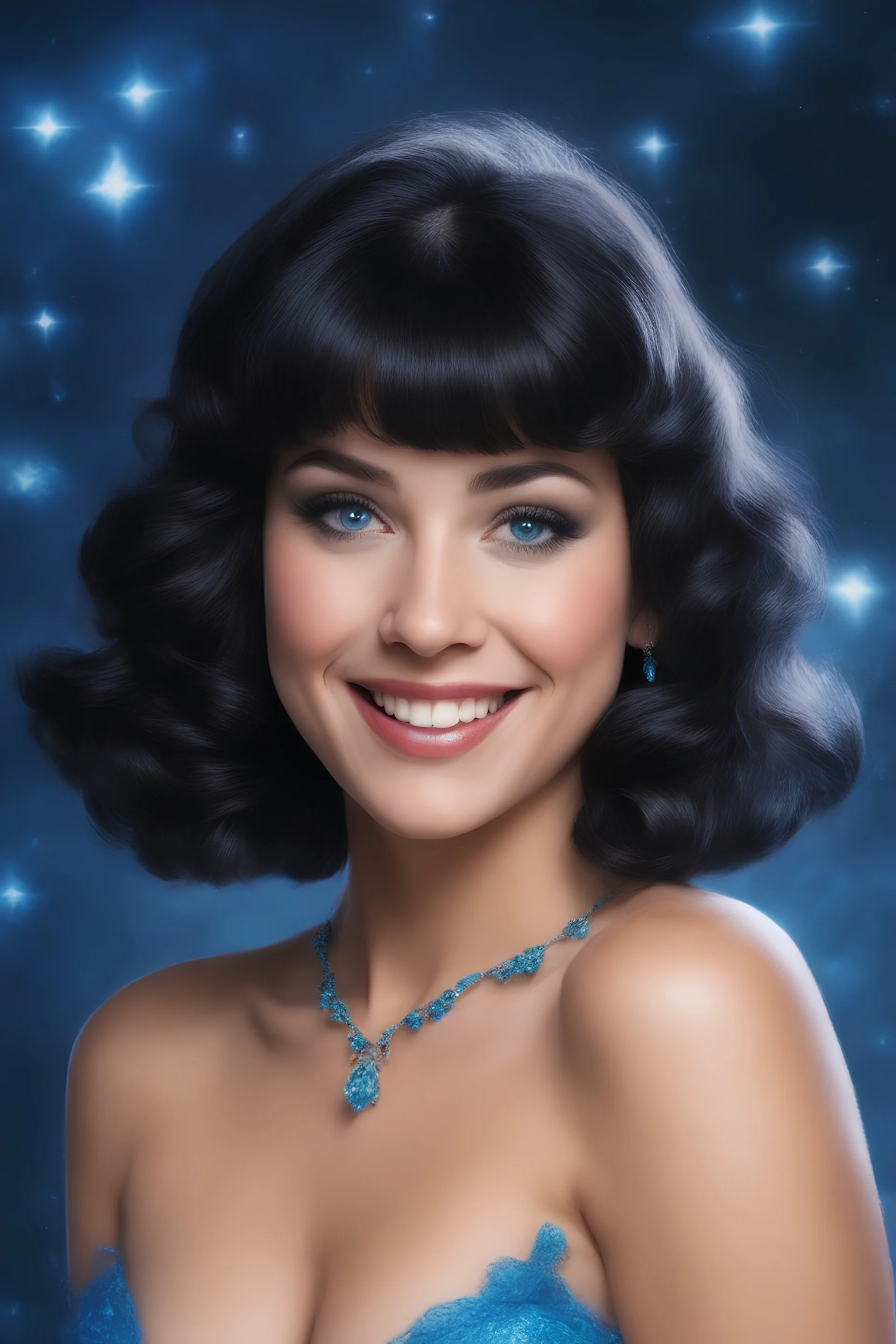 full color, facial portrait, smiling 18-year-old Betty Rubble with (((Black Hair))), (((blue eyes))), (((Blue ribbon in her hair))), 32k, UHD, Professional Photo -- Botany - Starry - Retro Pop - Dark Fantasy - Horror - Festive - Realistic - 32k, UHD, professional quality, 8 x 10 digital photograph