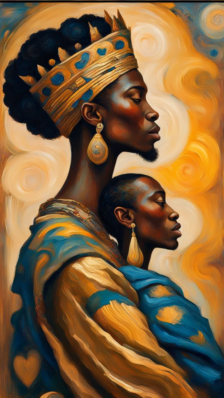 Side profile of an African King with her aspirations behind her. Holding her man hugging with love and romance,Opulent Van Gohn style painting