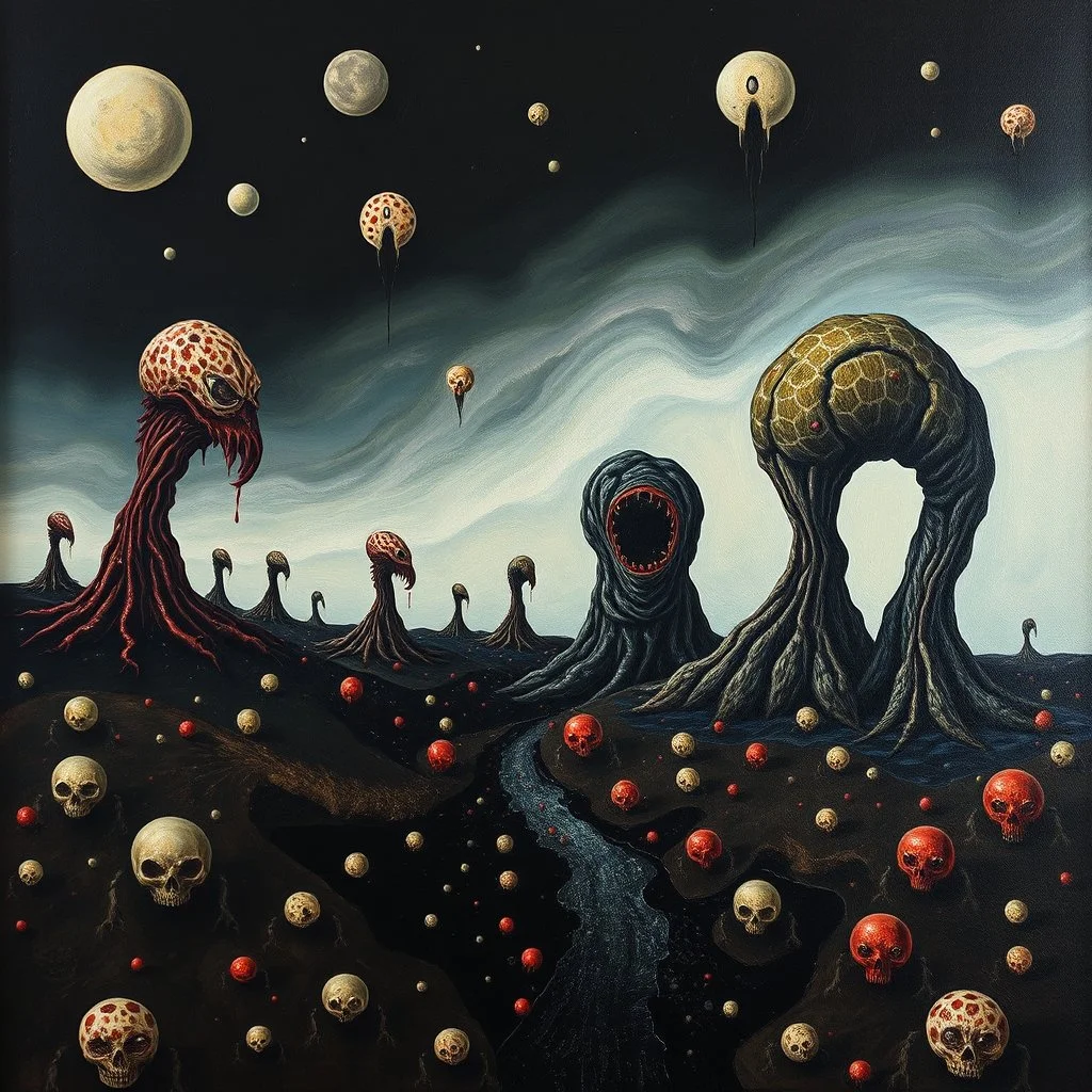 Landscape with odd Yves Tanguy surreal forms, organic, creepy, strong texture, fiotti di liquido nero, horror, panic, obsessive, hypnotic, oil on canvas