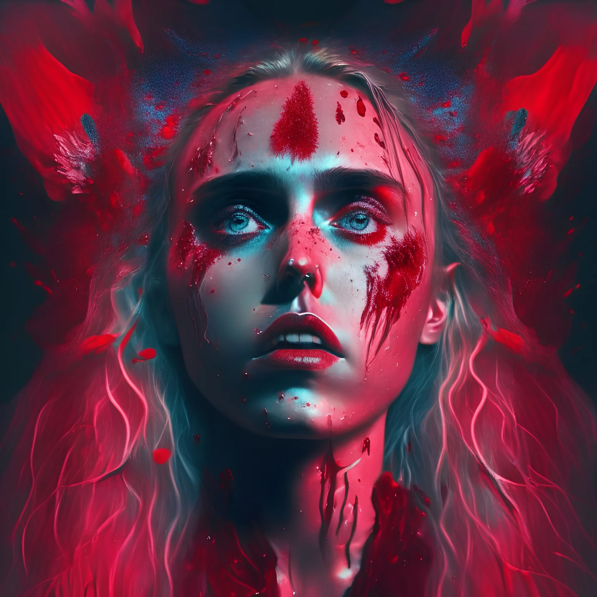 Singer Danish MØ face, blood, guts, wildflower, cosmic, futuristic, iridescent, intricate, darkred tones,