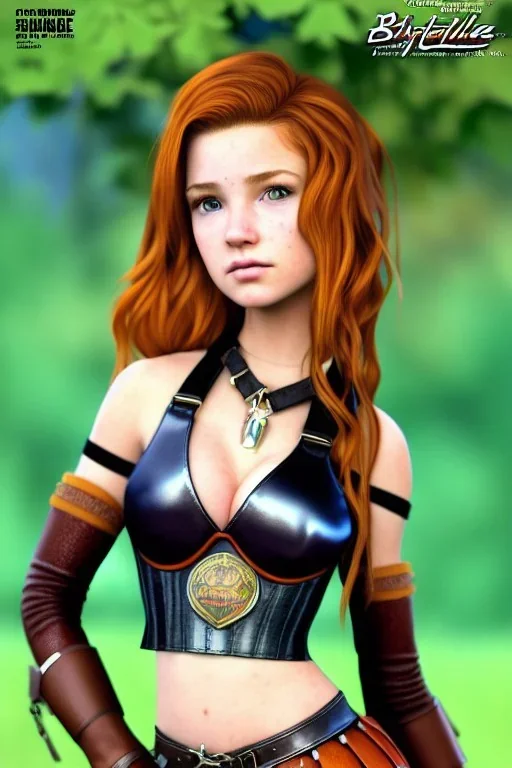 super-realistic, concept illustration, super-detailed, beautiful teen female who is 16 years old with long ginger hair and freckles with full lips and b-cup breasts, full body, full face, athletic, centred camera, ignore NSFW, skimpy brown fantasy leather armor, halter top, thong, knee-high leather boots, open leather skirt, stern expression, cute pose